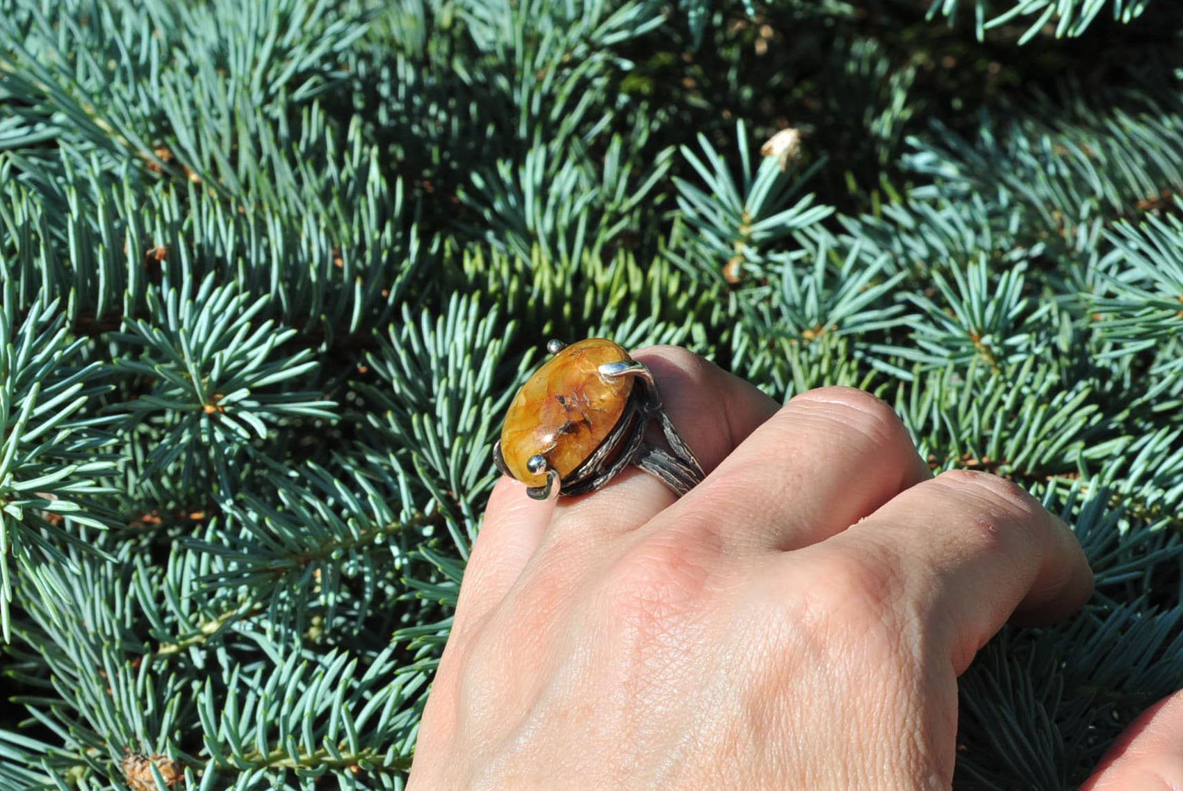 Handmade Amber Silver Ring, Handcrafted Amber Jewelry, 925 Silver Band Amber Ring,Gift for her