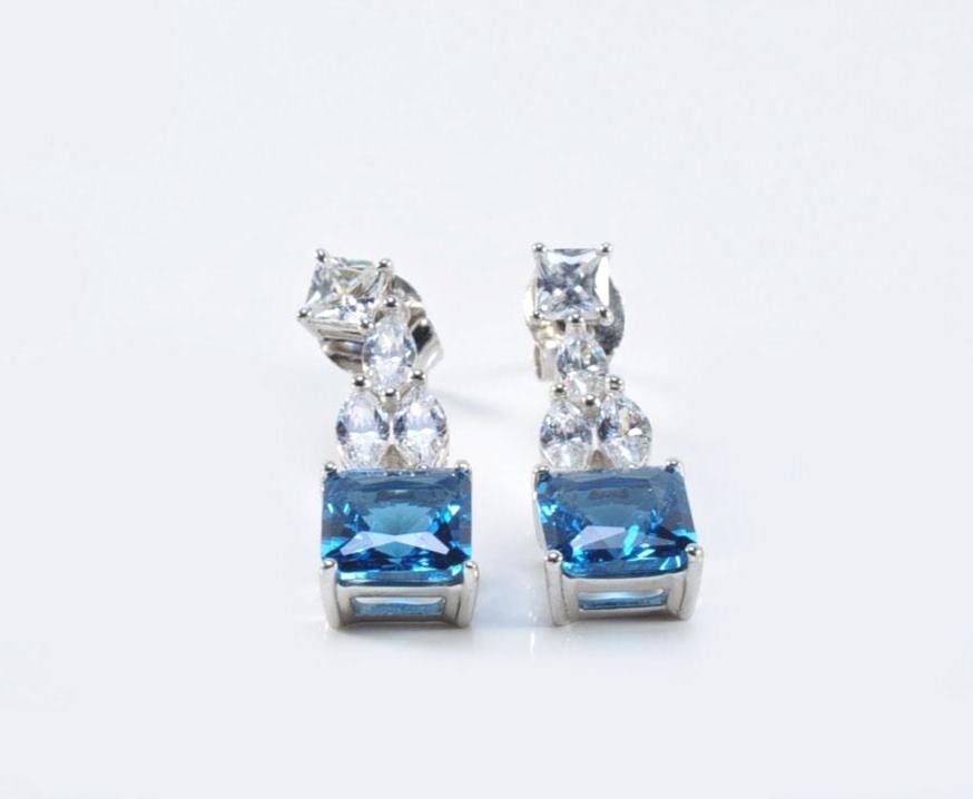 Handmade London Blue Topaz & Baguette Zircon Sterling Silver Earrings