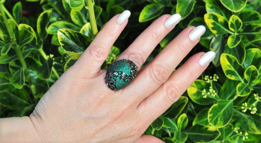 Handmade Emerald and Zircon Silver Ring, Handcrafted Emerald and Zircon Jewelry, 925 Sterling Silver Emerald and Zircon Ring,Gift for Her