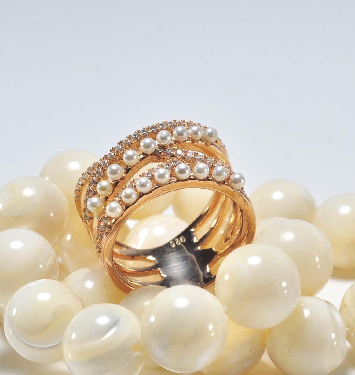 Handmade Pearl and Zircon Silver Ring, Handcrafted Pearl and Zircon Jewelry,Wedding Ring Gift, 925 Silver Pearl and Zircon Ring,Gift for her