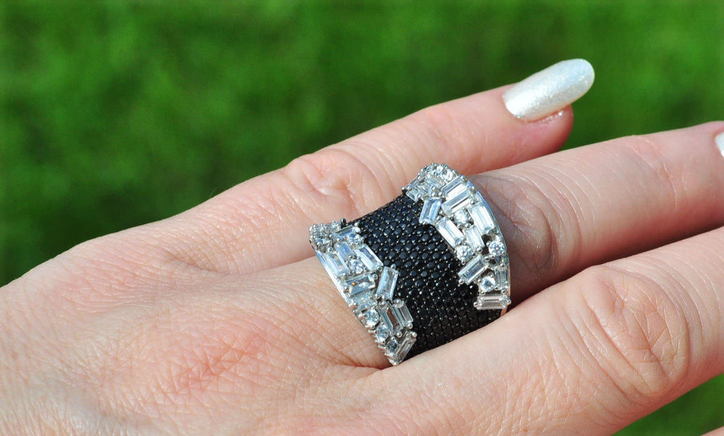 Handmade Baguette Zircon and Black Zircon Ring in Sterling Silver, Unique Gemstone Jewelry