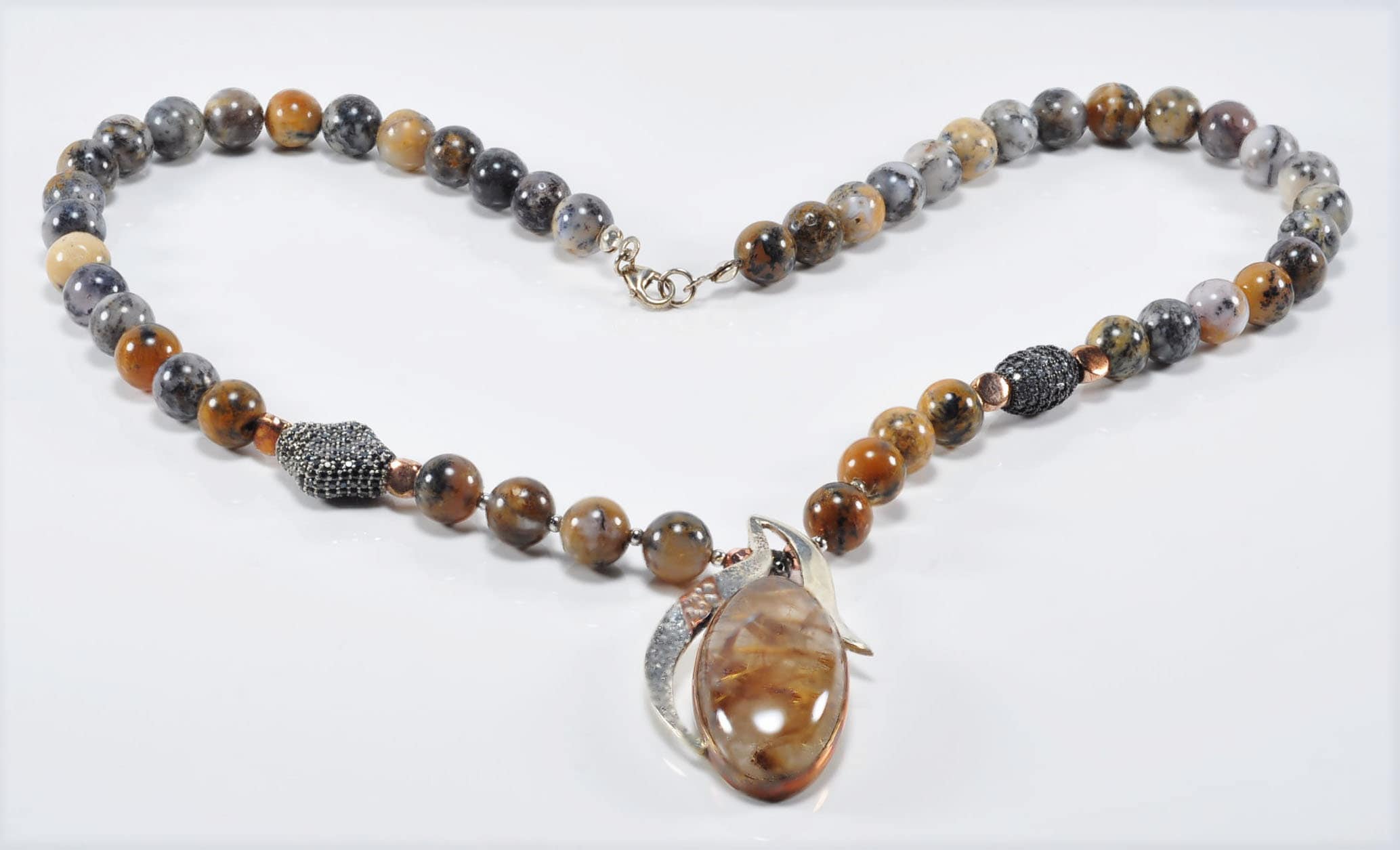Handmade Jasper Rutilated Quartz Zircon Sterling Silver Necklace