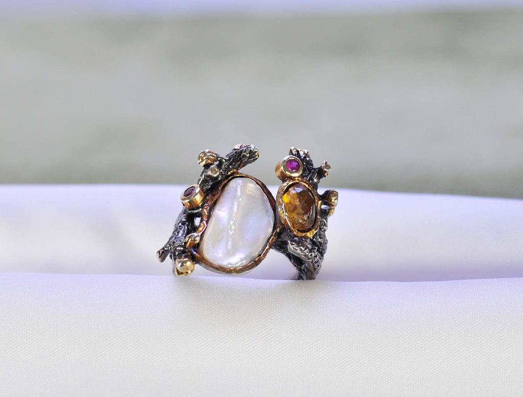 Handmade Genuine Pearl Amber Ruby Silver Ring Jewelry ,Pearl Amber Ruby Gemstone Ring,Multistone Ring Jewelry Gift for her