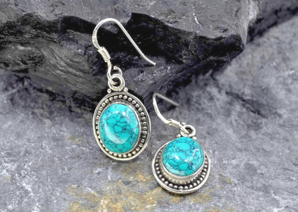 Handmade Turquoise Earrings in Sterling Silver, Oval Gemstone Dangle Jewelry