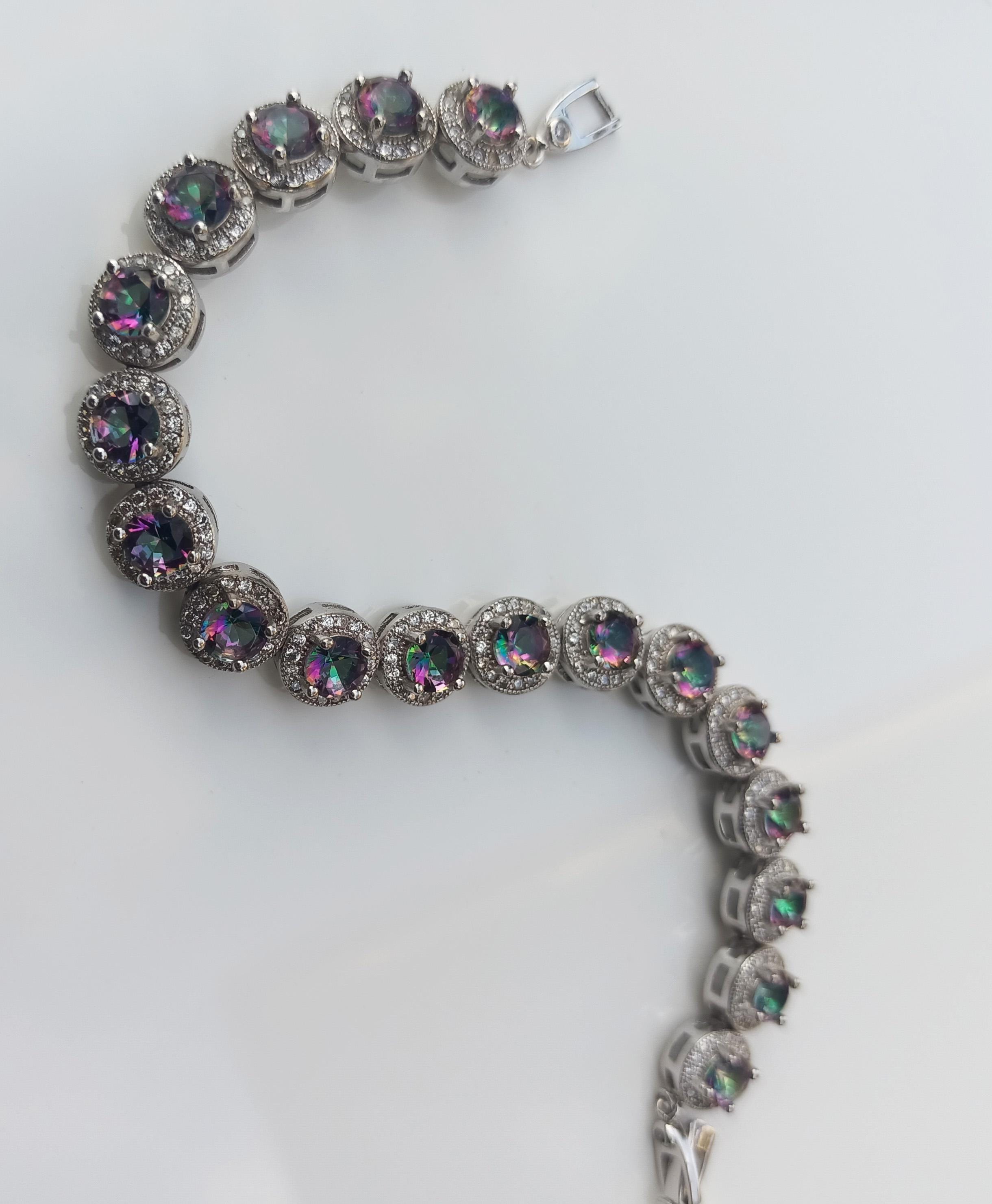 Handmade Genuine Mystic Topaz and Zircon Gemstone Silver Bracelet, Mystic Topaz and Zircon Bracelet Jewelry,Wedding Gift, Anniversary Gift