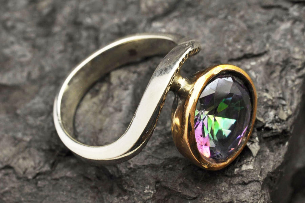 Handmade Mystic Topaz Ring in Sterling Silver, Iridescent Gemstone Jewelry