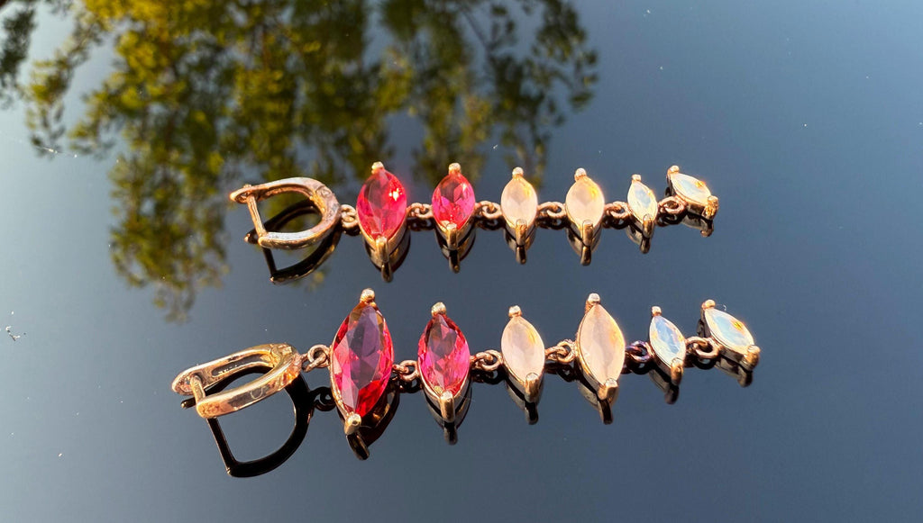 Handmade Rose Silver Earrings: Pink Quartz, Garnet & Opal Gemstone
