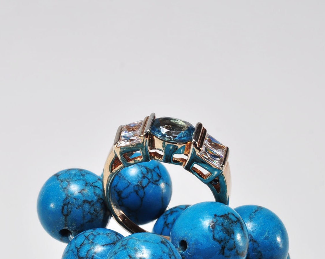 Handmade Aquamarine and Zircon Silver Ring, Aquamarin and Baquette Zircon Jewelry, Rose Silver Band Aquamarin and Zircon Ring,Gift for her