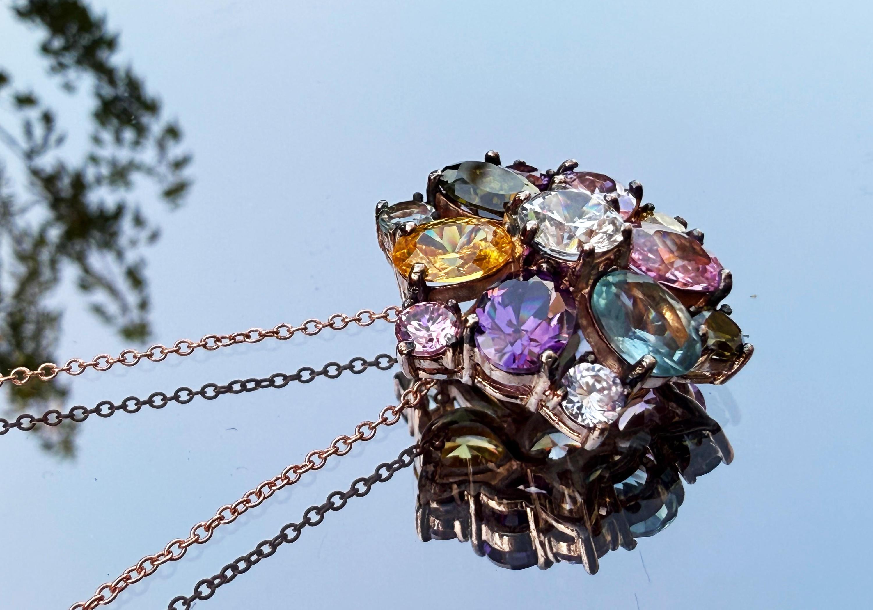 Handmade Rose Quartz Multistone Silver Necklace: Amethyst, Aquamarine, Citrine