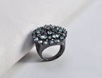 Handmade Aquamarine and Zircon Black Silver Ring:March & December Birthstone