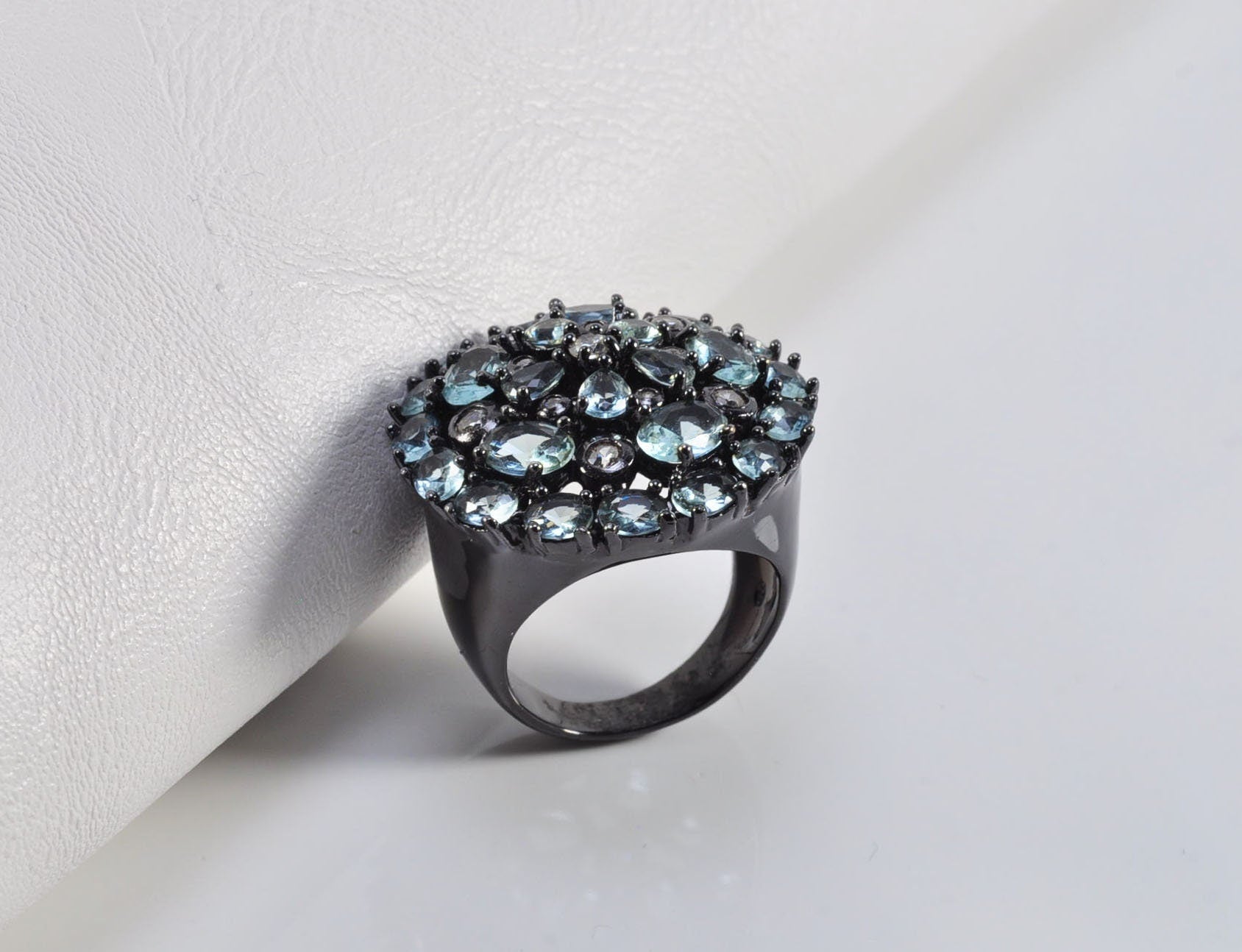 Handmade Aquamarine and Zircon Black Silver Ring:March & December Birthstone
