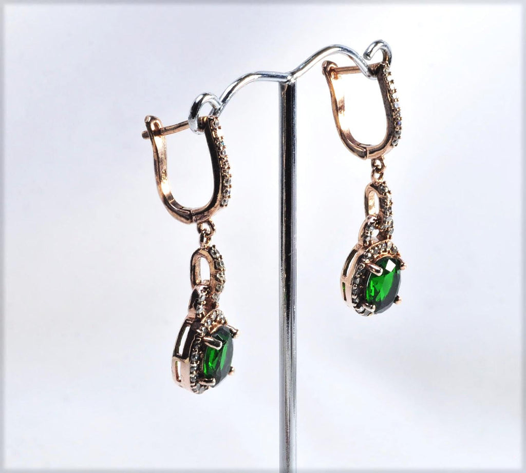 Handmade Emerald Zircon Rose Silver Drop Earrings