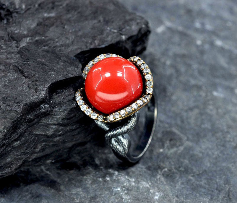 Handmade Natural Coral  & Zircon Ring – 925 Sterling Silver Jewelry Gift for Her