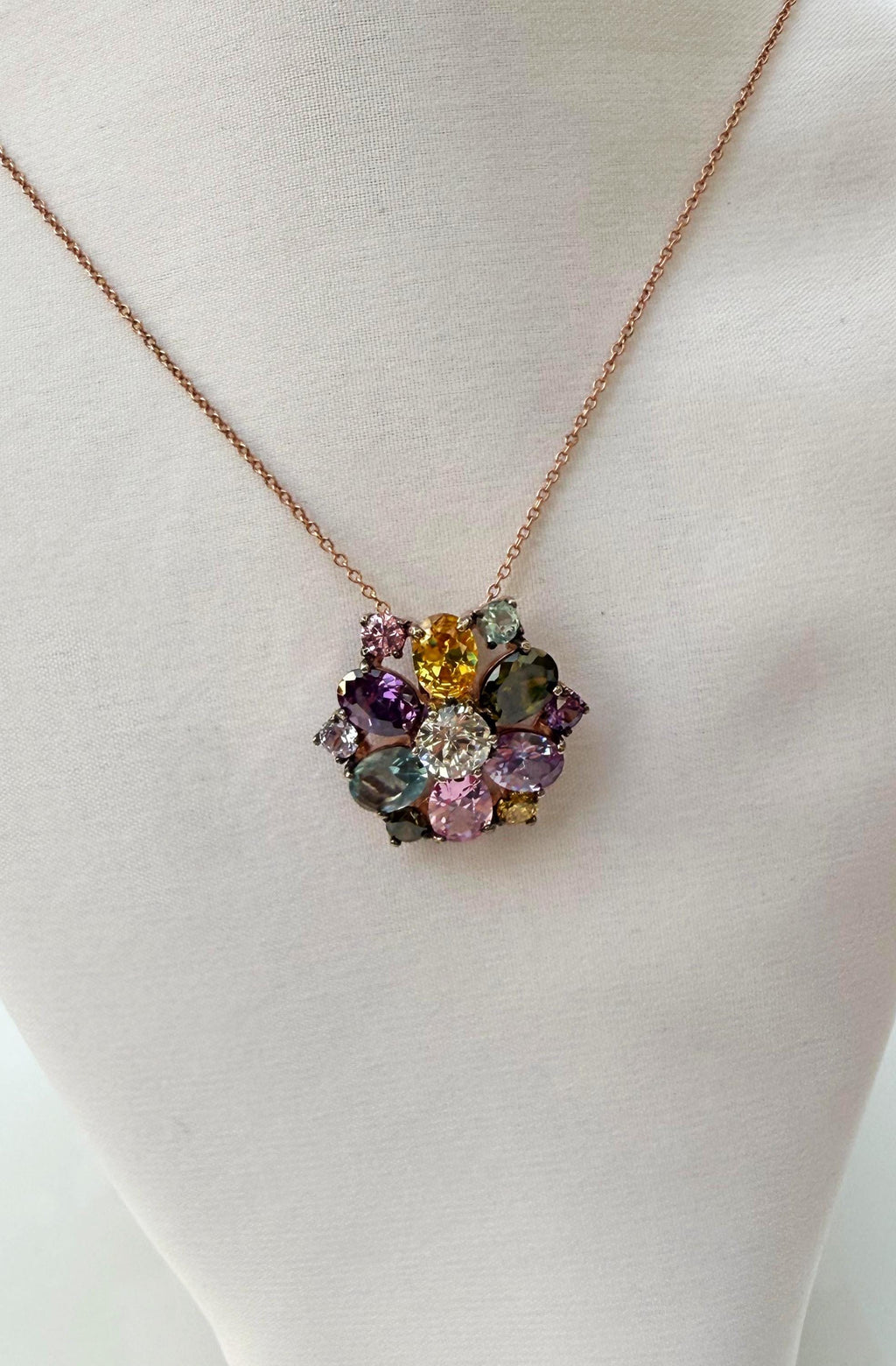 Handmade Rose Quartz Multistone Silver Necklace: Amethyst, Aquamarine, Citrine
