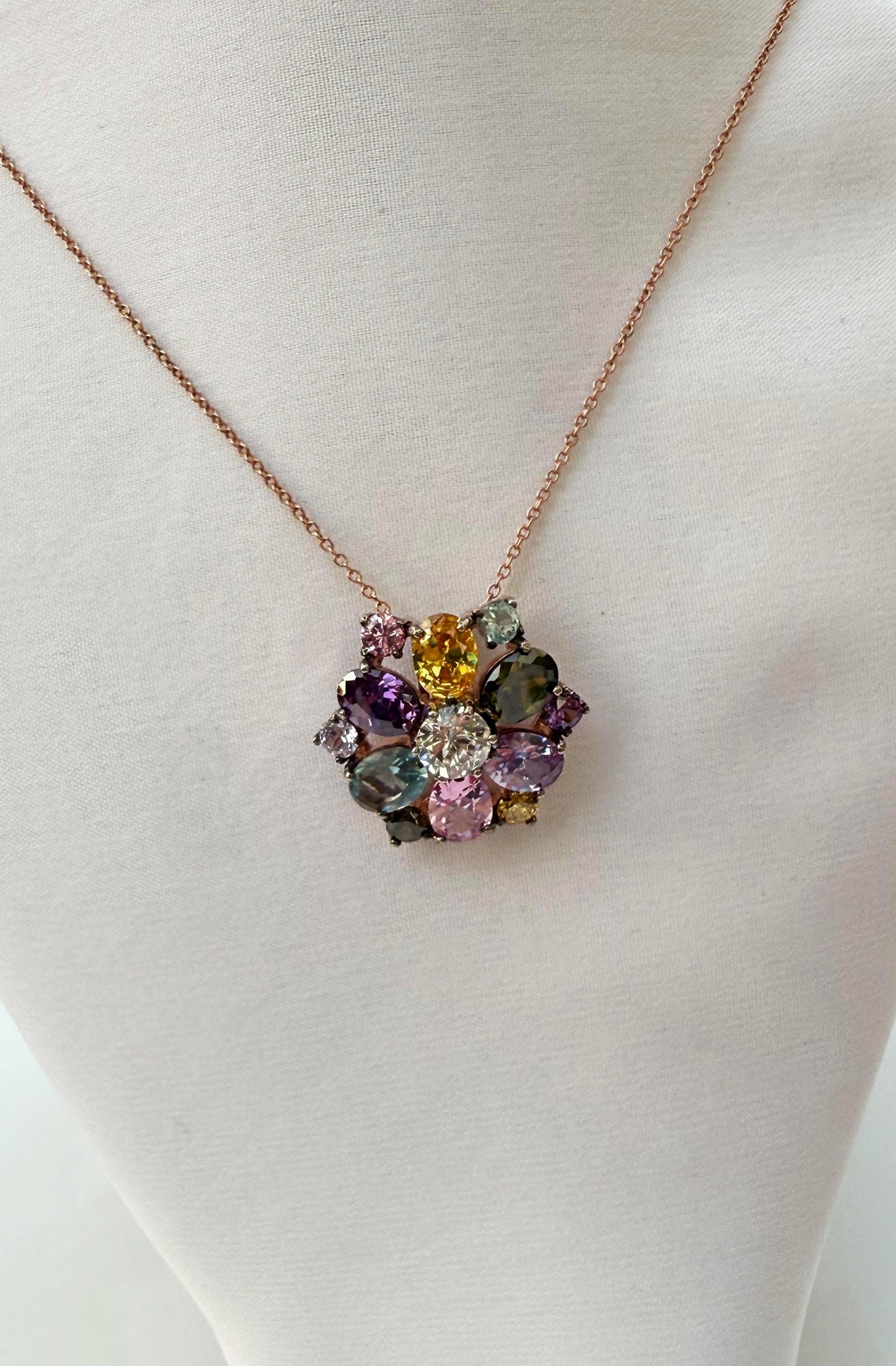 Handmade Rose Quartz Multistone Silver Necklace: Amethyst, Aquamarine, Citrine
