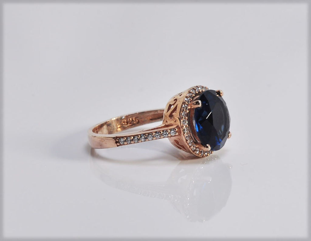 Handmade Sapphire and Zircon Silver Ring, Handcrafted Sapphire and Zircon Jewelry, Rose Silver Band Sapphire and Zircon Ring,Gift for her