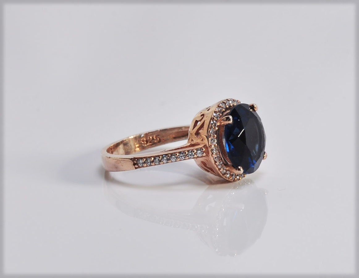 Handmade Sapphire and Zircon Silver Ring, Handcrafted Sapphire and Zircon Jewelry, Rose Silver Band Sapphire and Zircon Ring,Gift for her