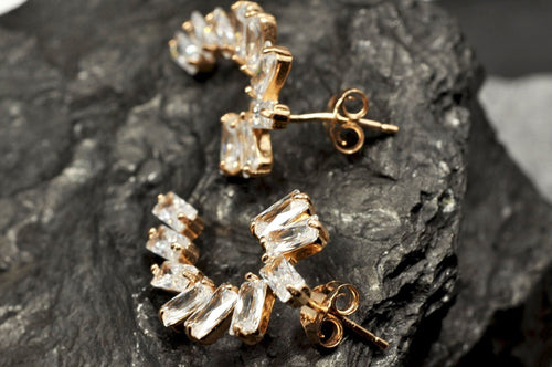 Handcrafted Genuine Natural Zircon Silver Earring,Zircon Earring Jewelry,Rose Silver Band Zircon Earring,Baguette Cut Earring,Stud Earring