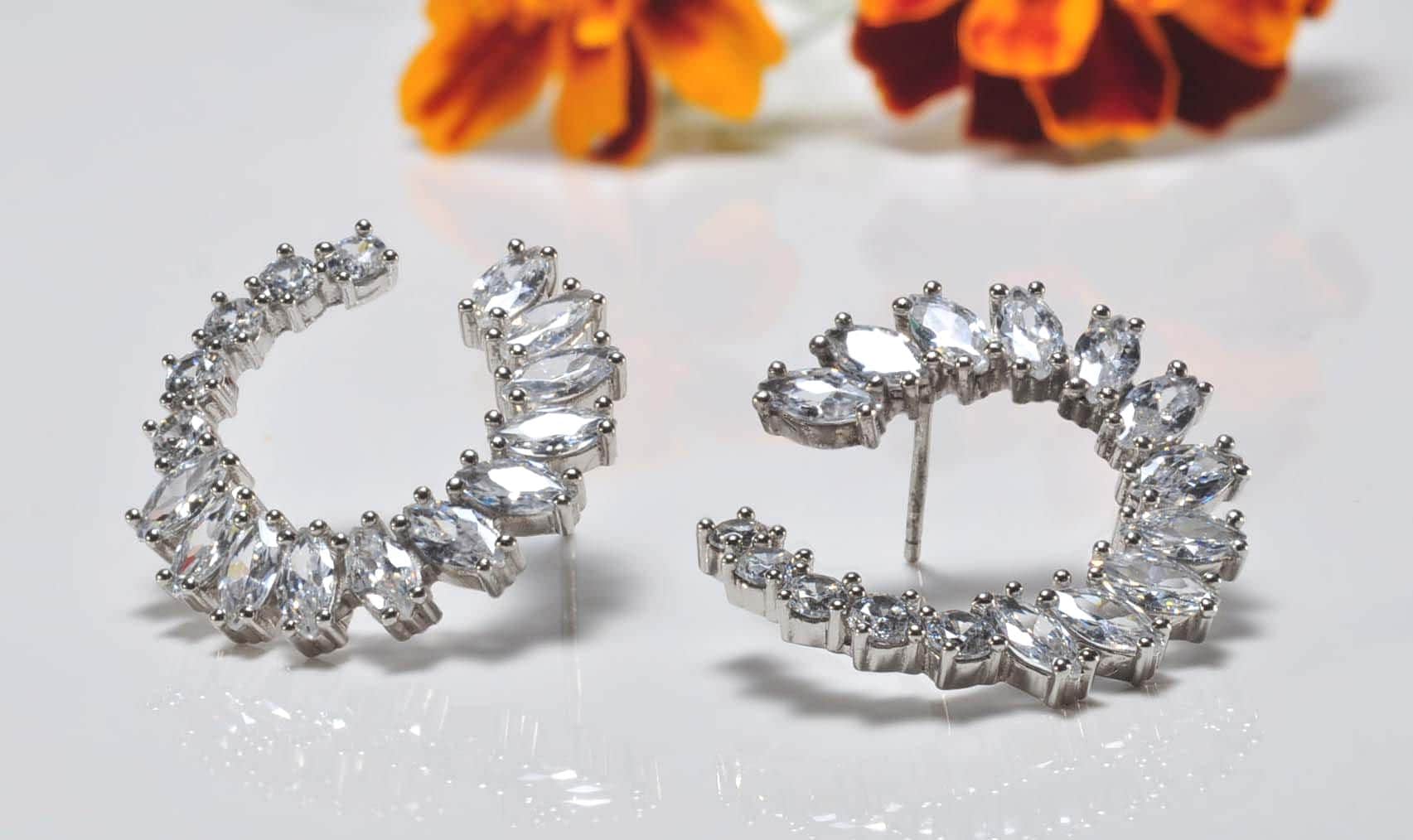 Handmade Sterling Silver Zircon Hoop Earrings, Anniversary Gift