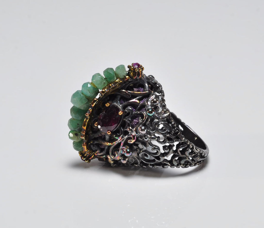 Handcrafted Emerald & Ruby Gemstone Ring – Authentic Sterling Silver Wedding Gift
