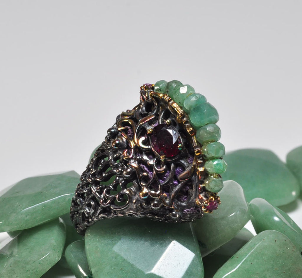 Handcrafted Emerald & Ruby Gemstone Ring – Authentic Sterling Silver Wedding Gift