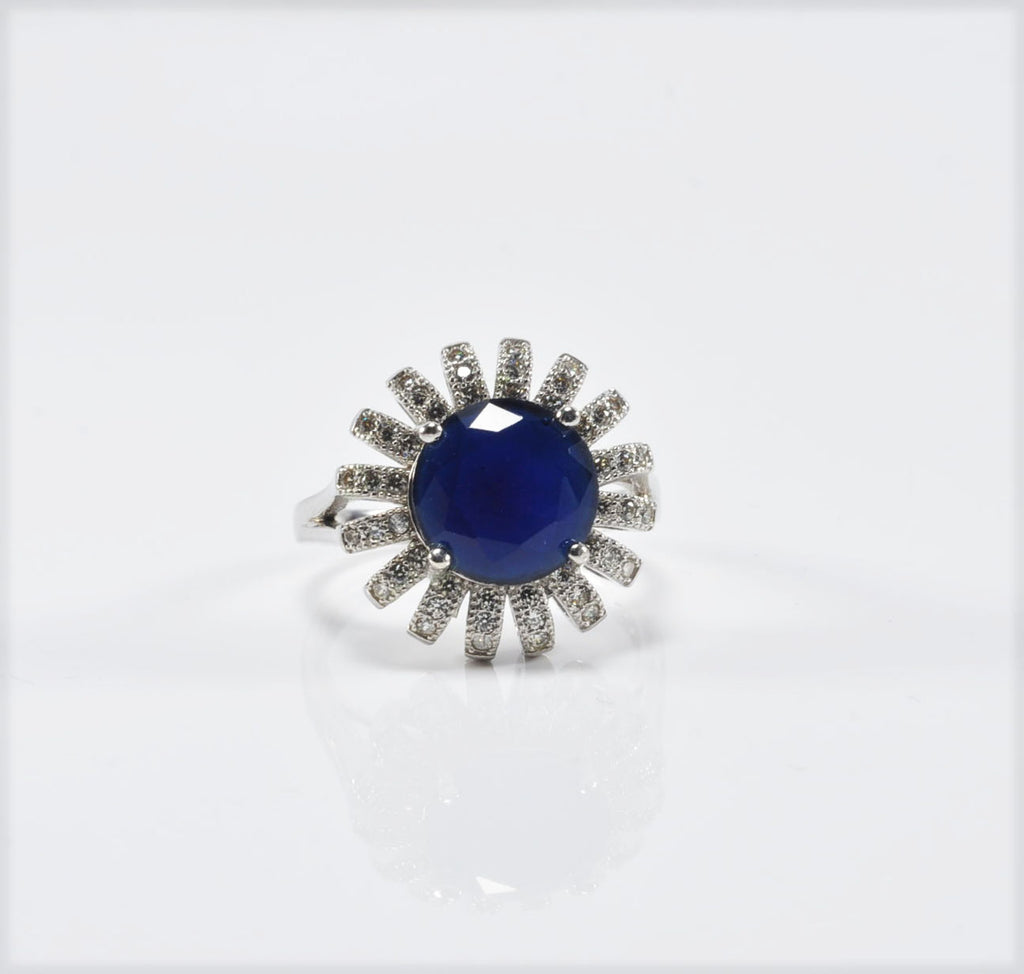 Elegant Sapphire and Zircon Halo Ring – Handcrafted Sterling Silver