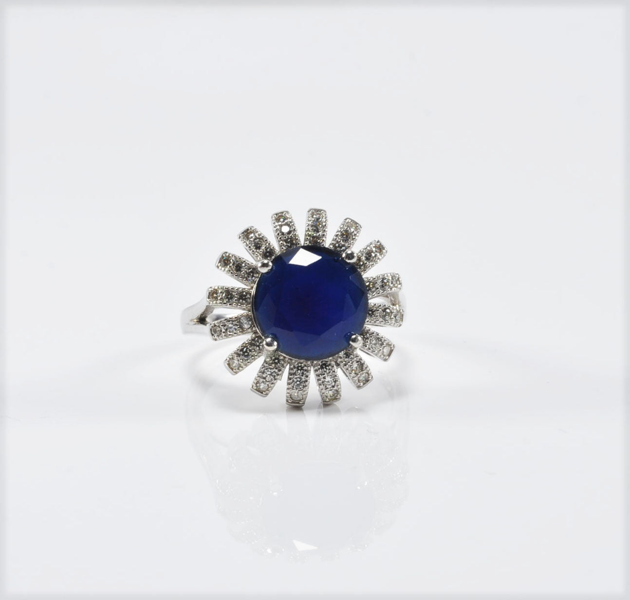 Elegant Sapphire and Zircon Halo Ring – Handcrafted Sterling Silver
