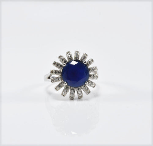 Elegant Sapphire and Zircon Halo Ring – Handcrafted Sterling Silver