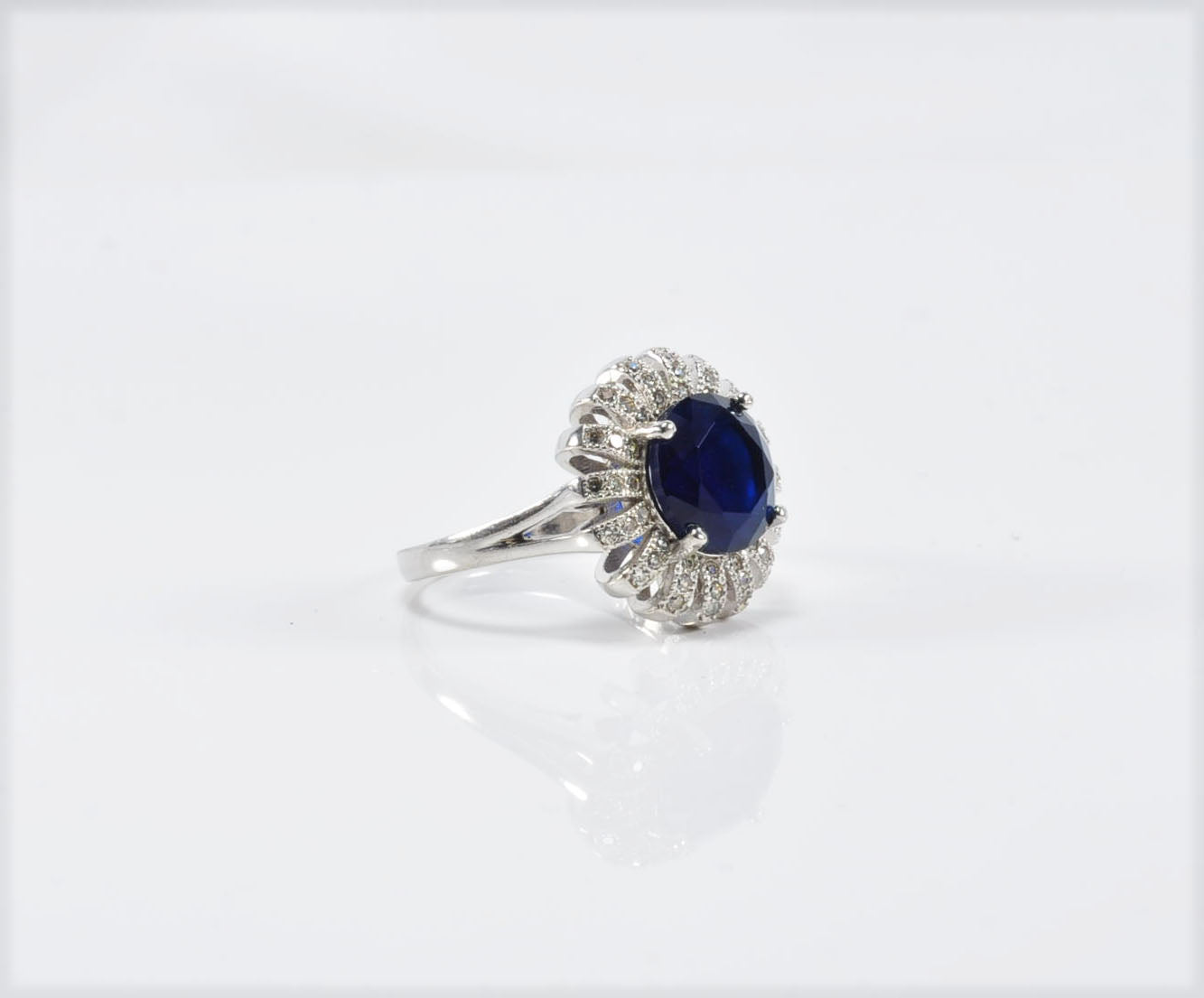 Elegant Sapphire and Zircon Halo Ring – Handcrafted Sterling Silver
