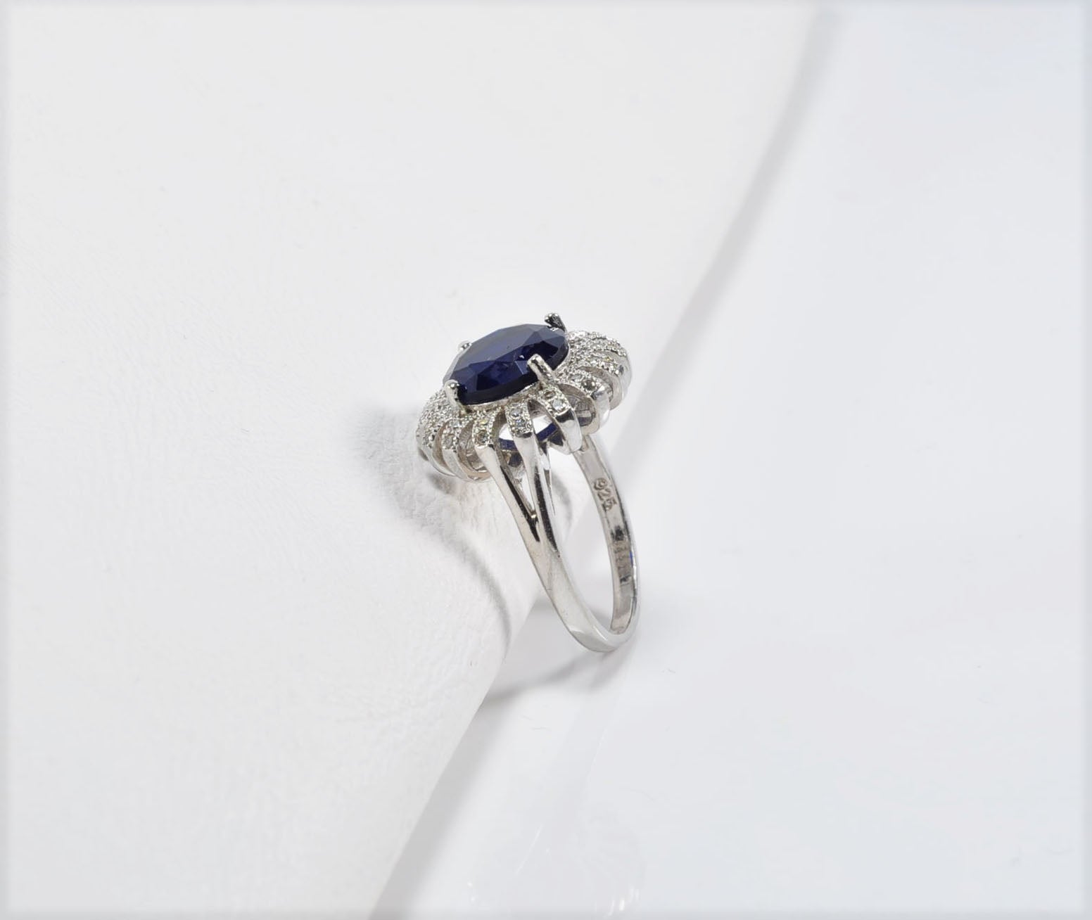 Elegant Sapphire and Zircon Halo Ring – Handcrafted Sterling Silver