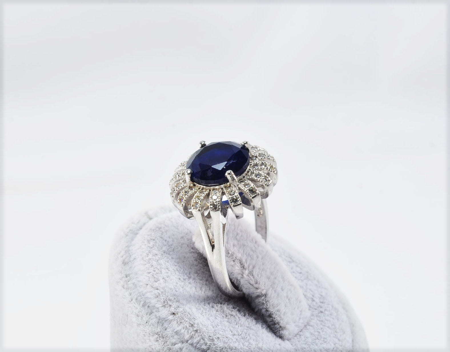 Elegant Sapphire and Zircon Halo Ring – Handcrafted Sterling Silver