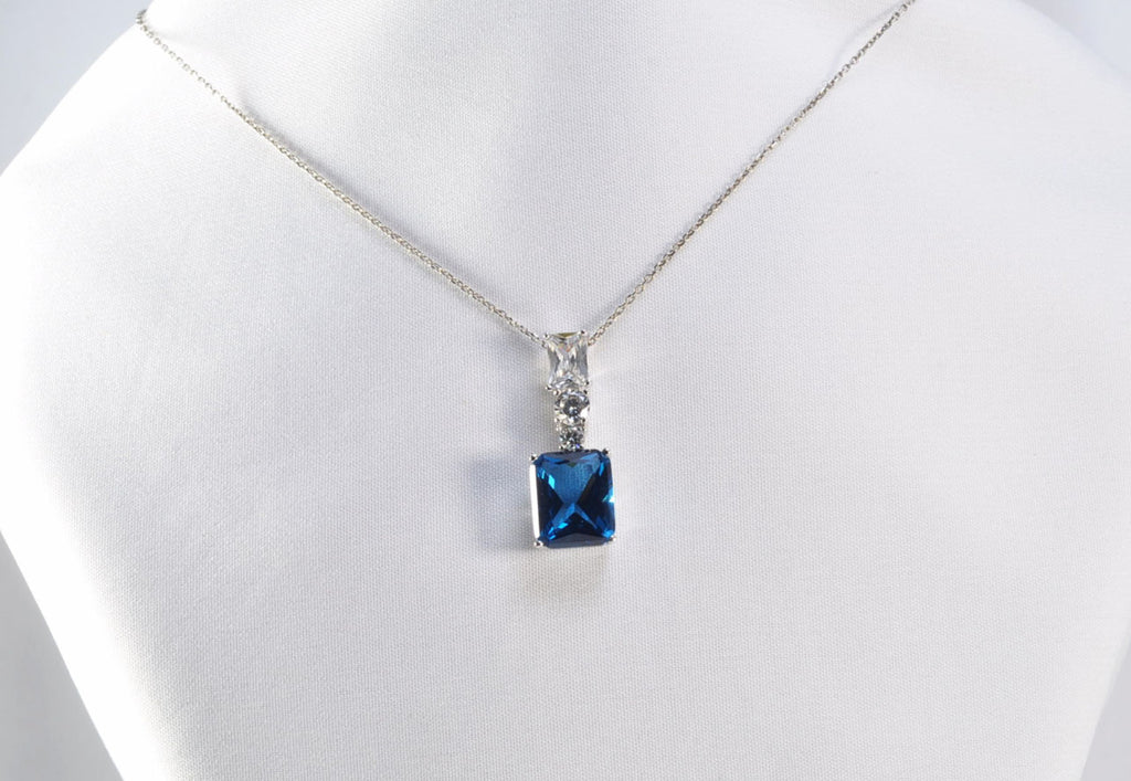 Handmade London Blue Topaz Necklace: Baguette Zircon, Sterling Silver