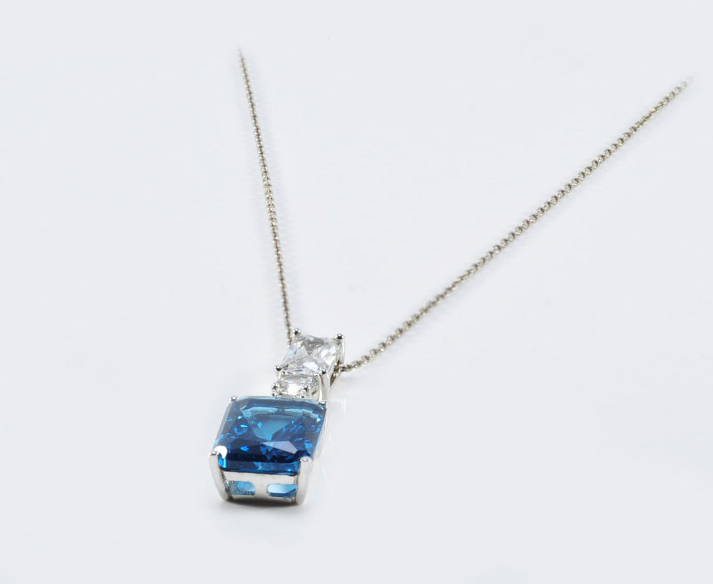 Handmade London Blue Topaz Necklace: Baguette Zircon, Sterling Silver