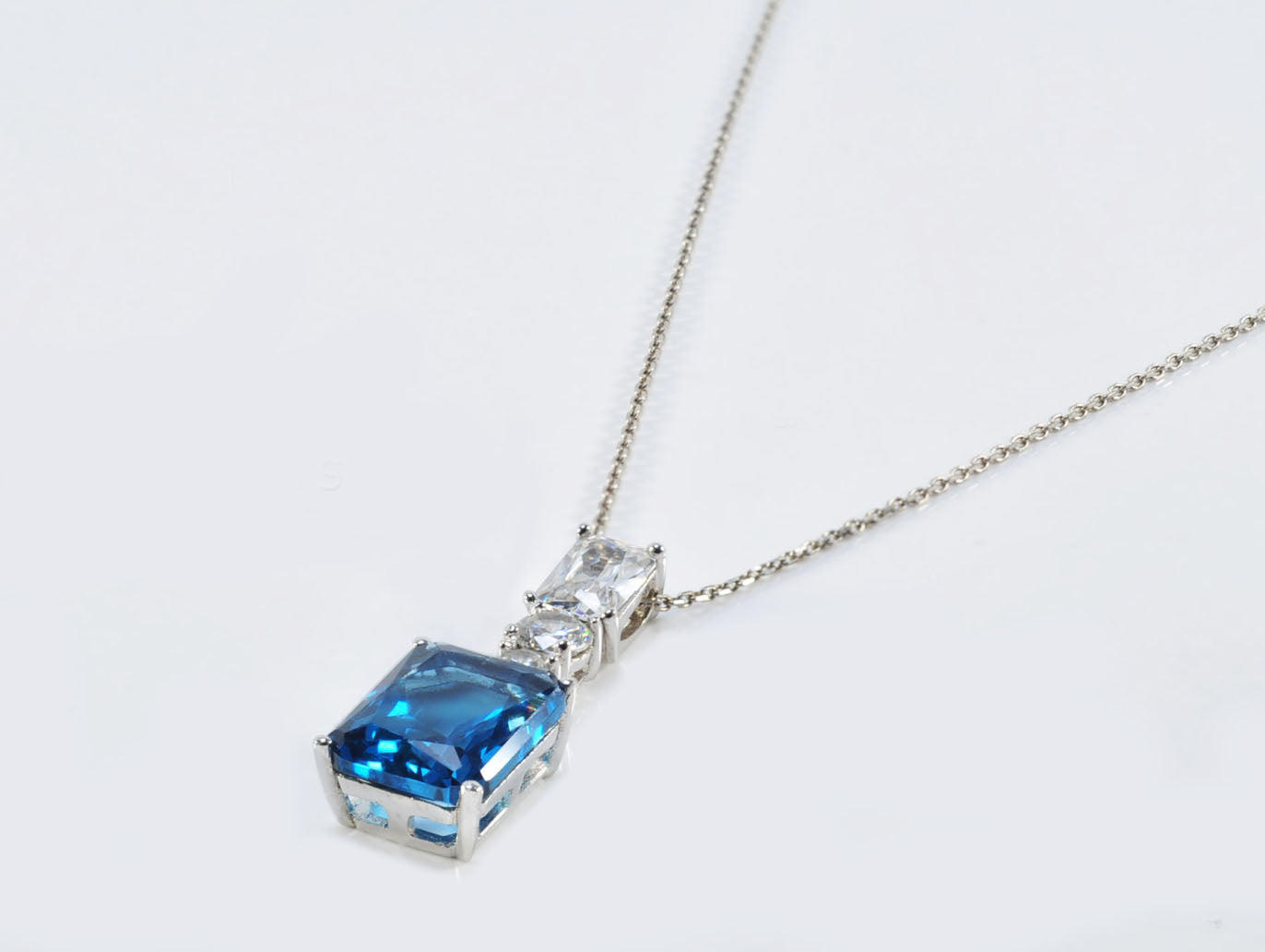Handmade London Blue Topaz Necklace: Baguette Zircon, Sterling Silver