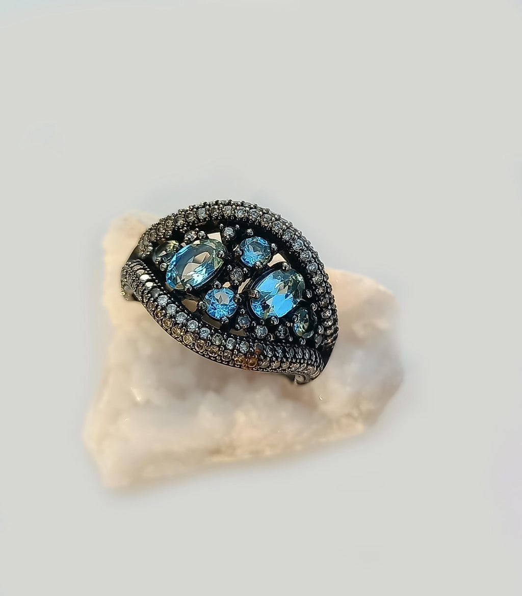 Handmade Aquamarine Black Silver Ring: Tranquility Stone Jewelry