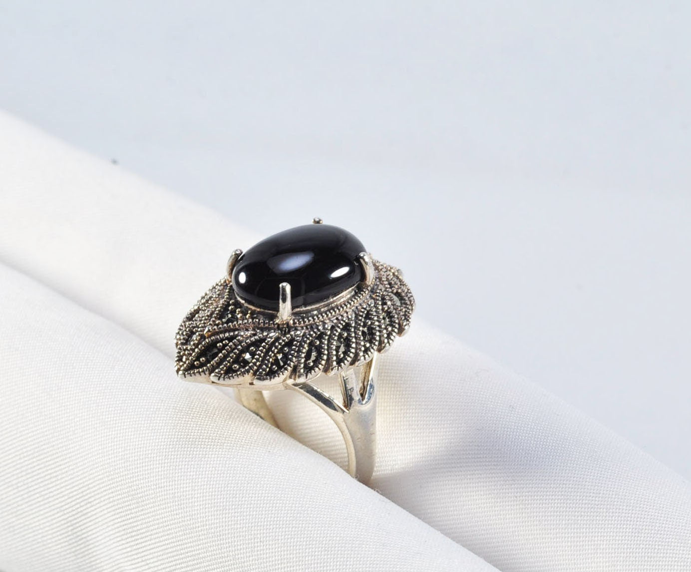 Handmade Onyx Marcasite Ring: 925 Sterling Silver Jewelry