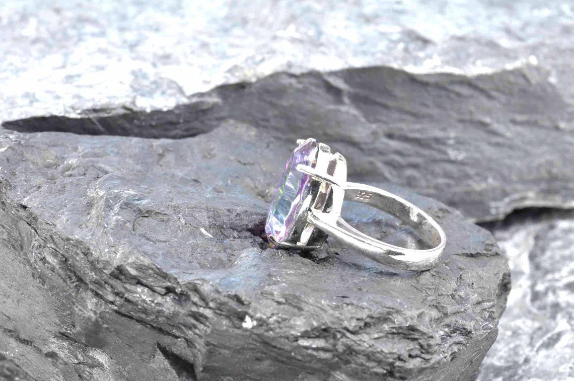 Handmade Genuine Mystic Topaz Silver Ring,Mystic Topaz Jewelry,Mystic Topaz Gemstone Ring,Crystal Cut Ring,Handcrafted,Artist Design