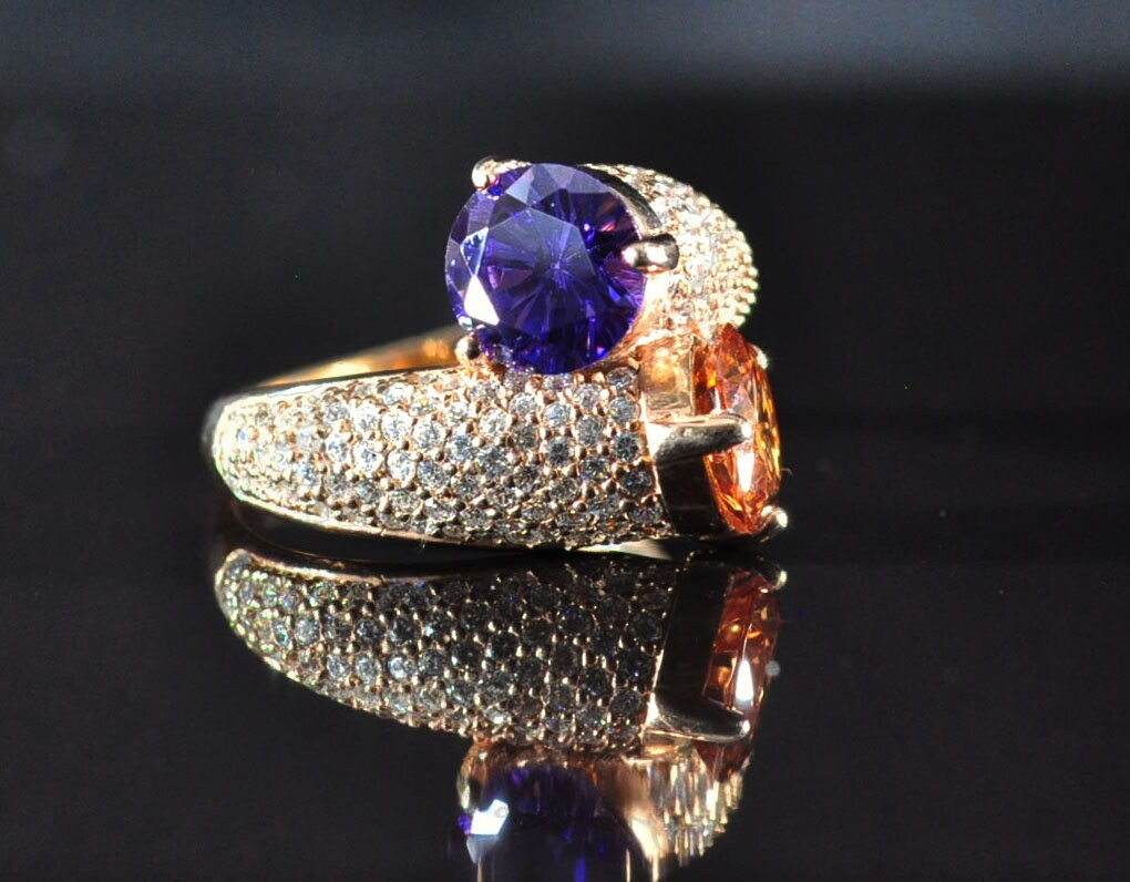 Handmade Citrine, Amethyst and Zircon Ring in Rose Gold Sterling Silver, Elegant Gemstone Jewelry