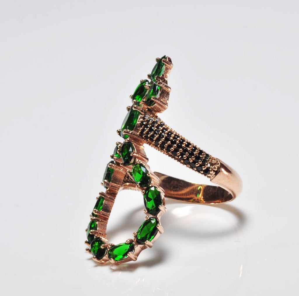 Handmade Emerald and Black Zircon Silver Ring, Emerald and Black Zircon Jewelry,Wedding Ring Gift, 925 Silver Emerald and Black Zircon Ring