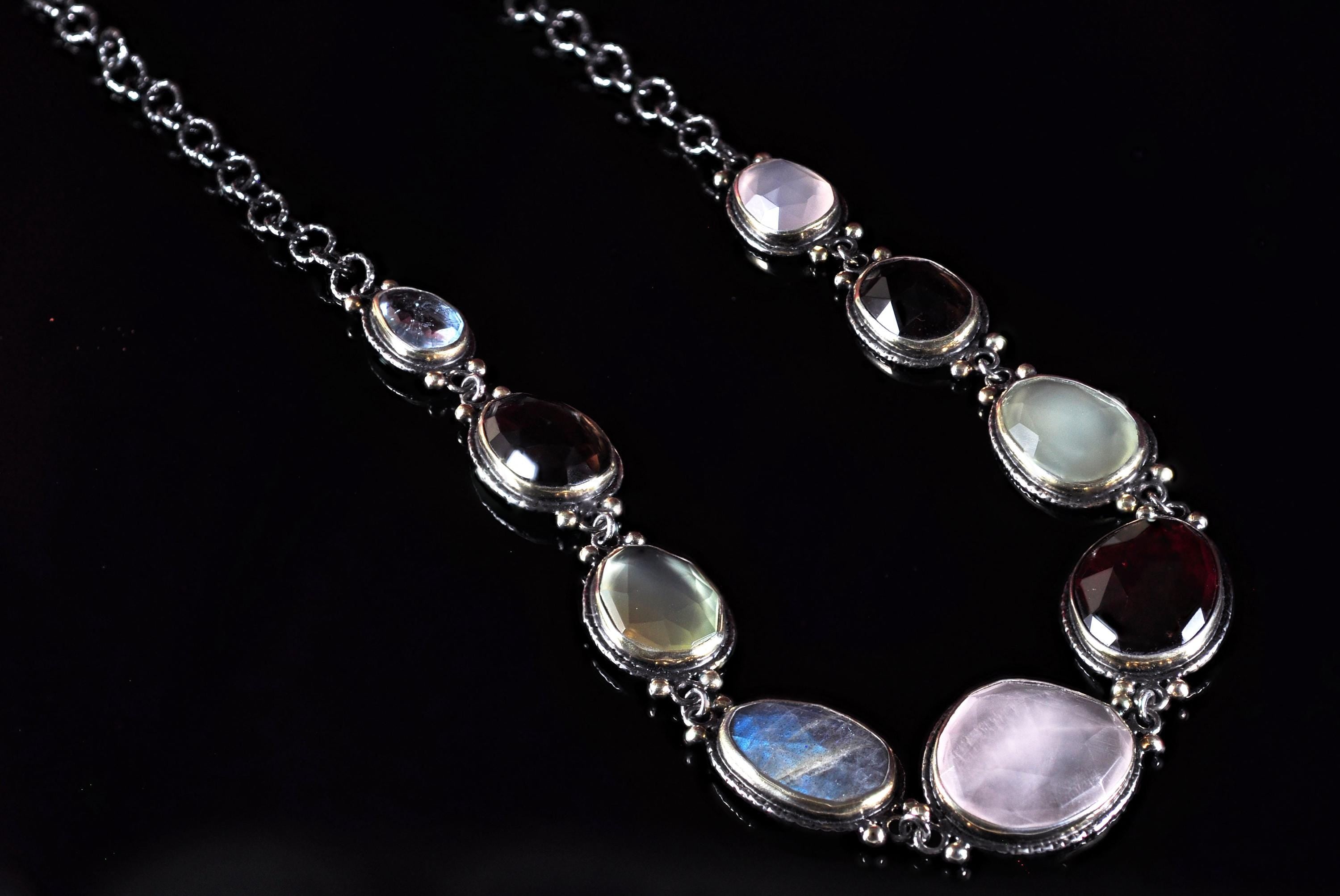 Handcrafted Genuine Rose Quartz  Agate  Aquamarinee  Amethyst Labradorite  Citrine Silver Necklace,Multistone Gemstone Necklace