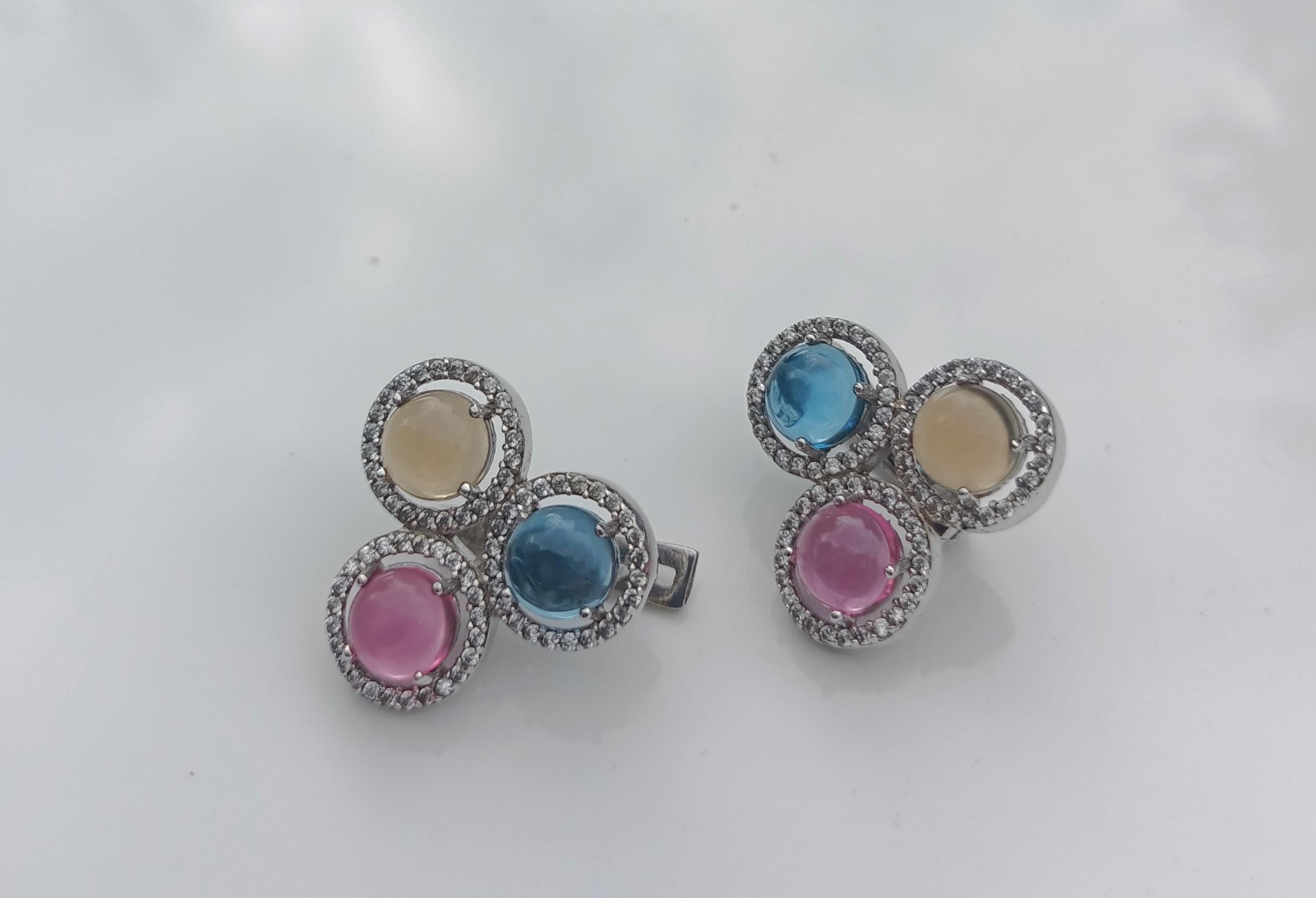 Handmade Aquamarine, Rose Quartz, Citrine & Zircon Sterling Silver Earrings