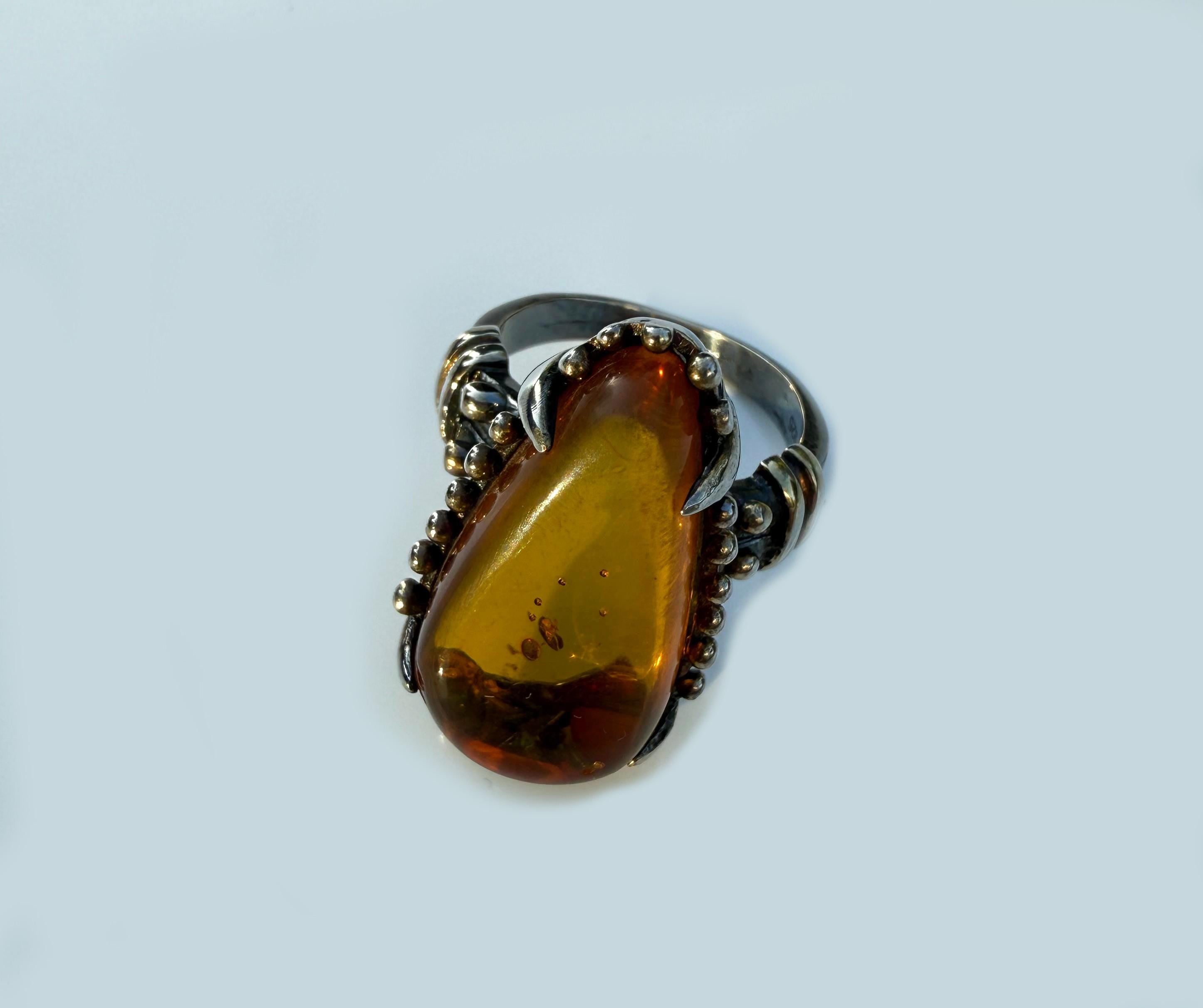 Handmade Amber Silver Ring, Handcrafted Amber Jewelry, 925 Silver Band Amber Ring,Gift for her