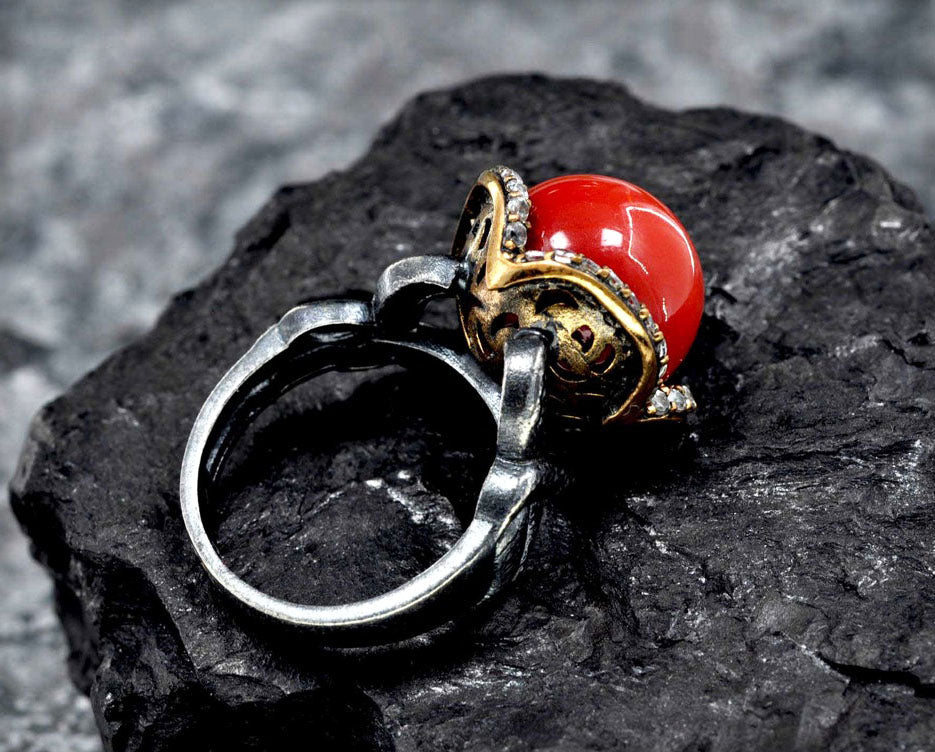 Handmade Natural Coral  & Zircon Ring – 925 Sterling Silver Jewelry Gift for Her