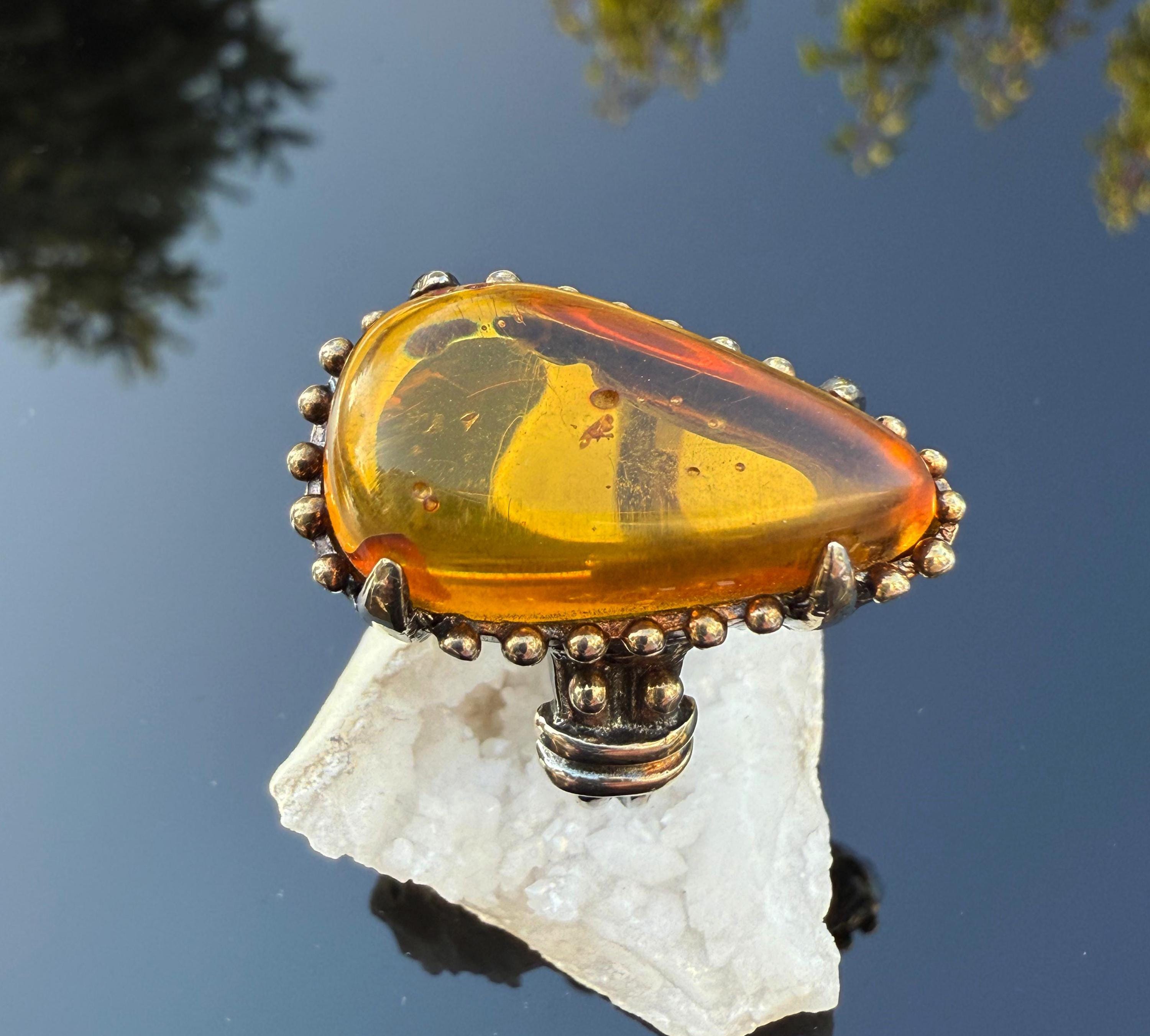 Handmade Amber Silver Ring, Handcrafted Amber Jewelry, 925 Silver Band Amber Ring,Gift for her