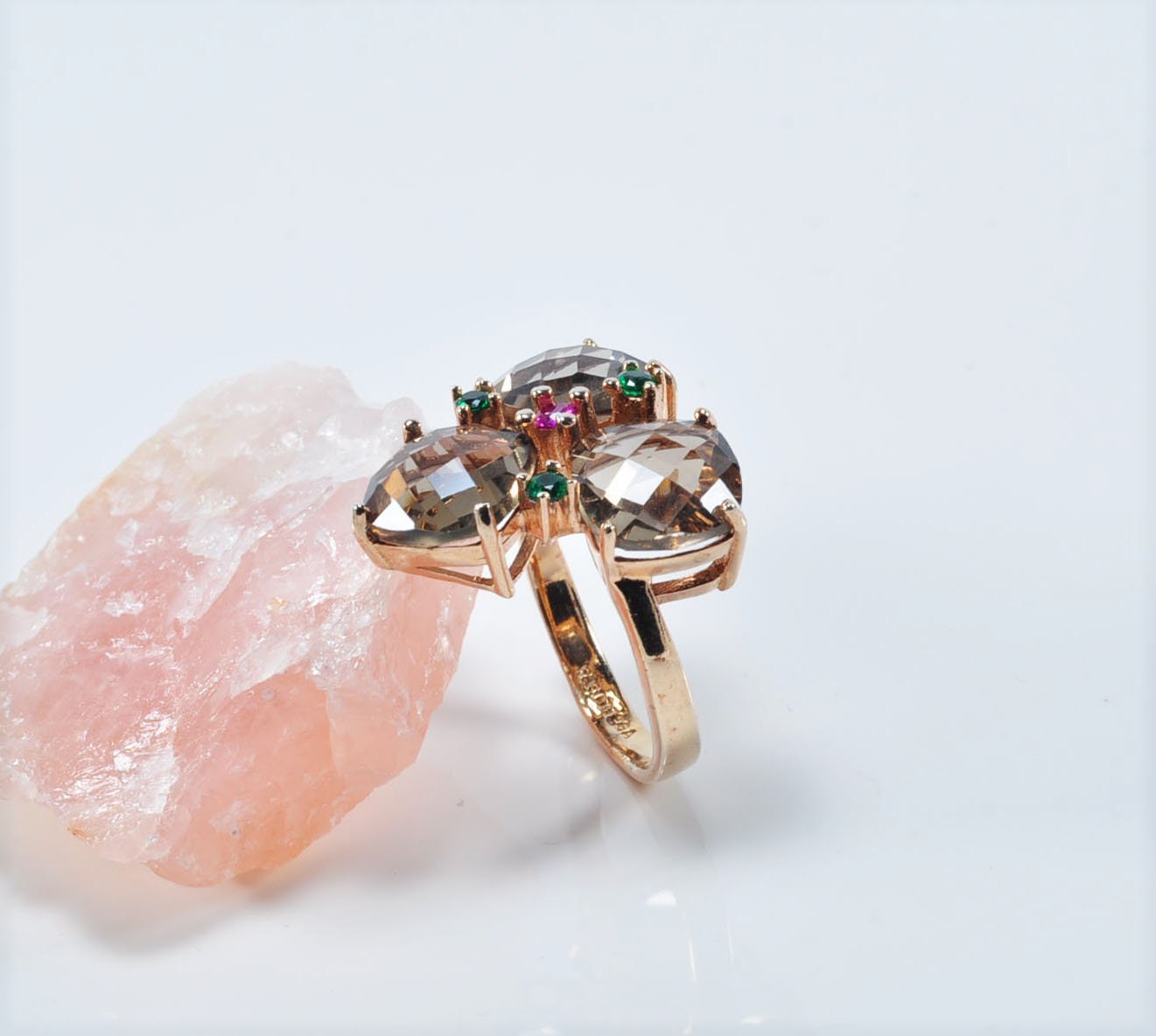 Handmade Smoky Quartz, Emerald & Ruby Silver Ring - Rose Band