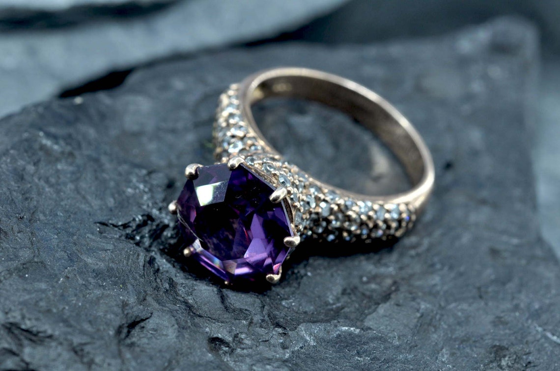 Handmade Amethyst & Zircon Ring – Rose Silver Jewelry Gift for Her
