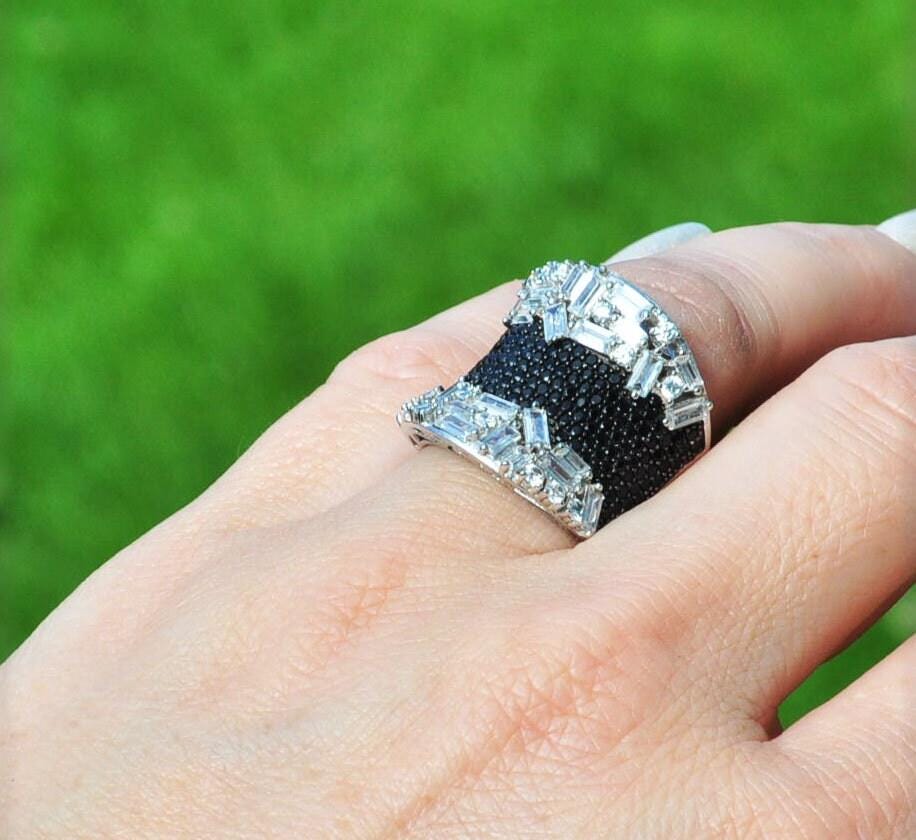 Handmade Baguette Zircon and Black Zircon Ring in Sterling Silver, Unique Gemstone Jewelry