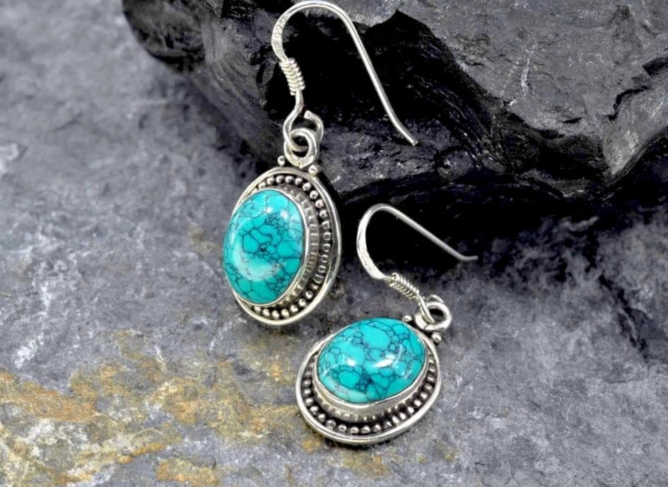 Handmade Turquoise Earrings in Sterling Silver, Oval Gemstone Dangle Jewelry