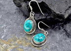 Handmade Turquoise Earrings in Sterling Silver, Oval Gemstone Dangle Jewelry