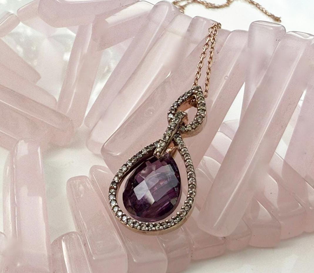 Handmade Amethyst & Zircon Silver Necklace: Rose Silver Jewelry Gift